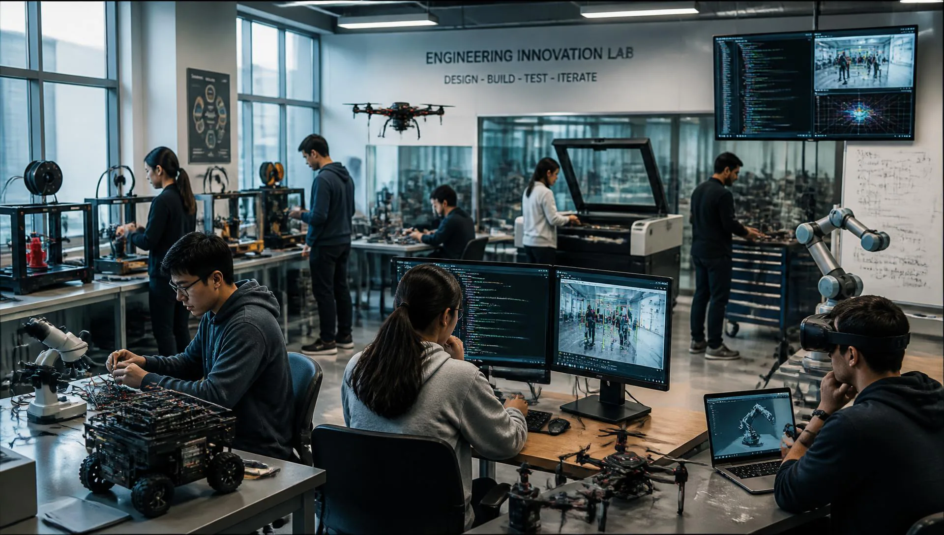 Laboratorio universitario de ingeniería con impresión 3D, PCB, visión artificial, robótica y drones