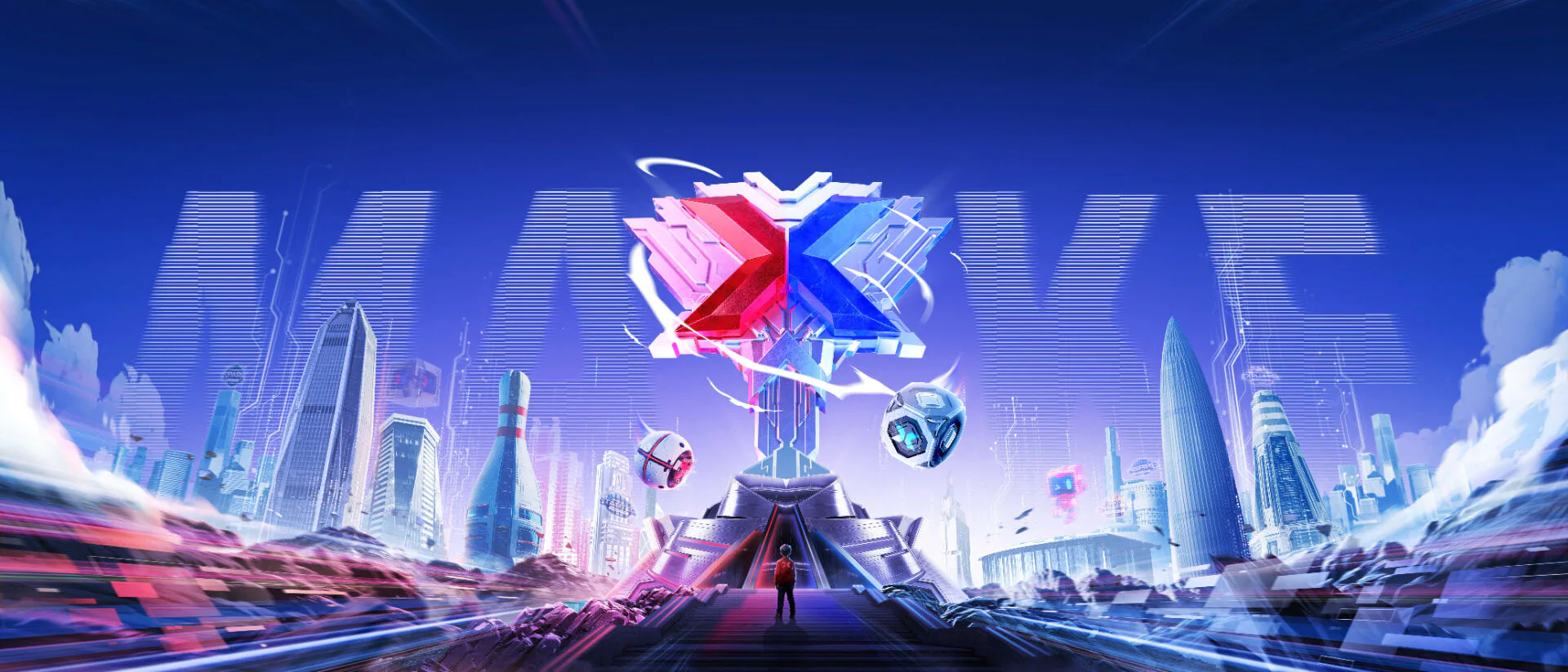 MakeX 2026 — ciudad futurista con el trofeo MakeX